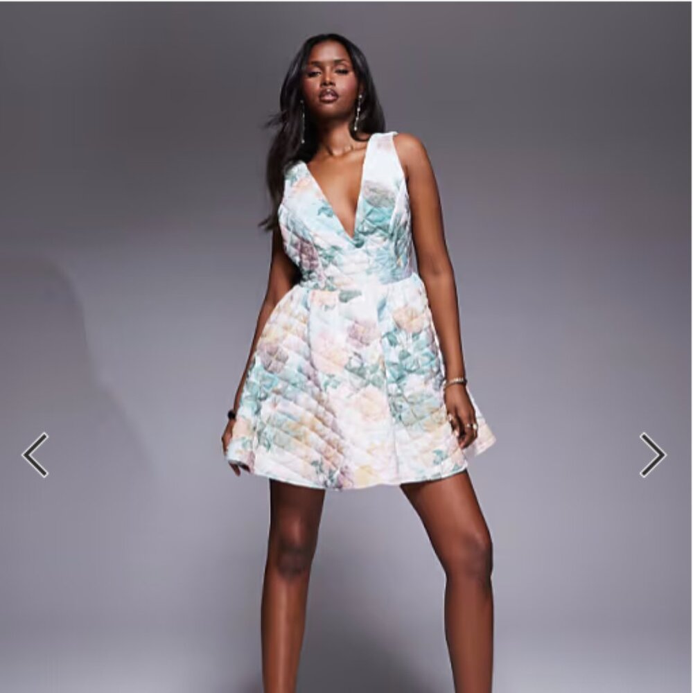 ASOS LUXE quilted skater dress with bow back in floral print